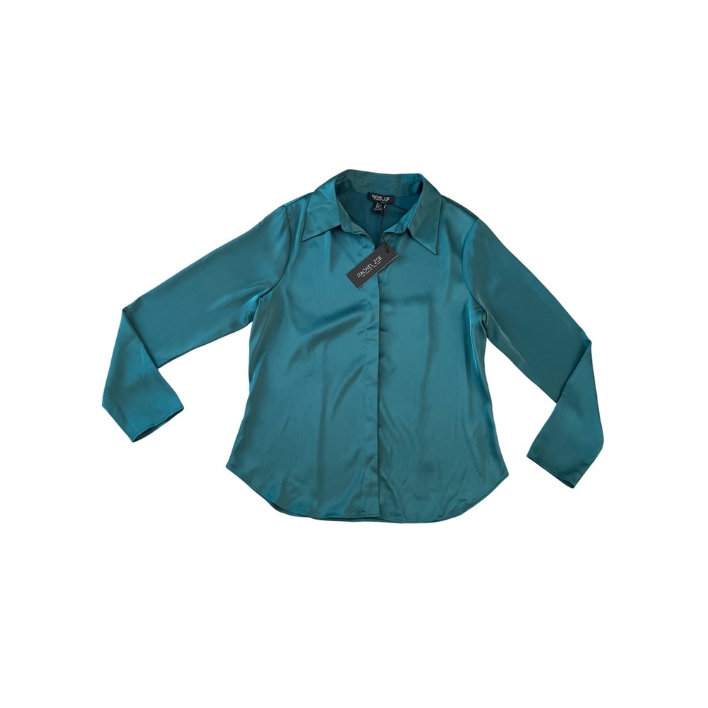 Rachel Zoe Women Teal Green Satin Long Sleeve Button Down Blouse Size M NWT